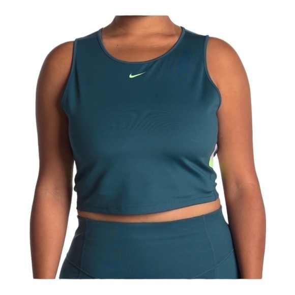 nike COLOR-BLOCK STRIPE CROPPED TRAINING TANK IN DARK TEAL GREEN,LIME GLOW - Picture 1 of 13